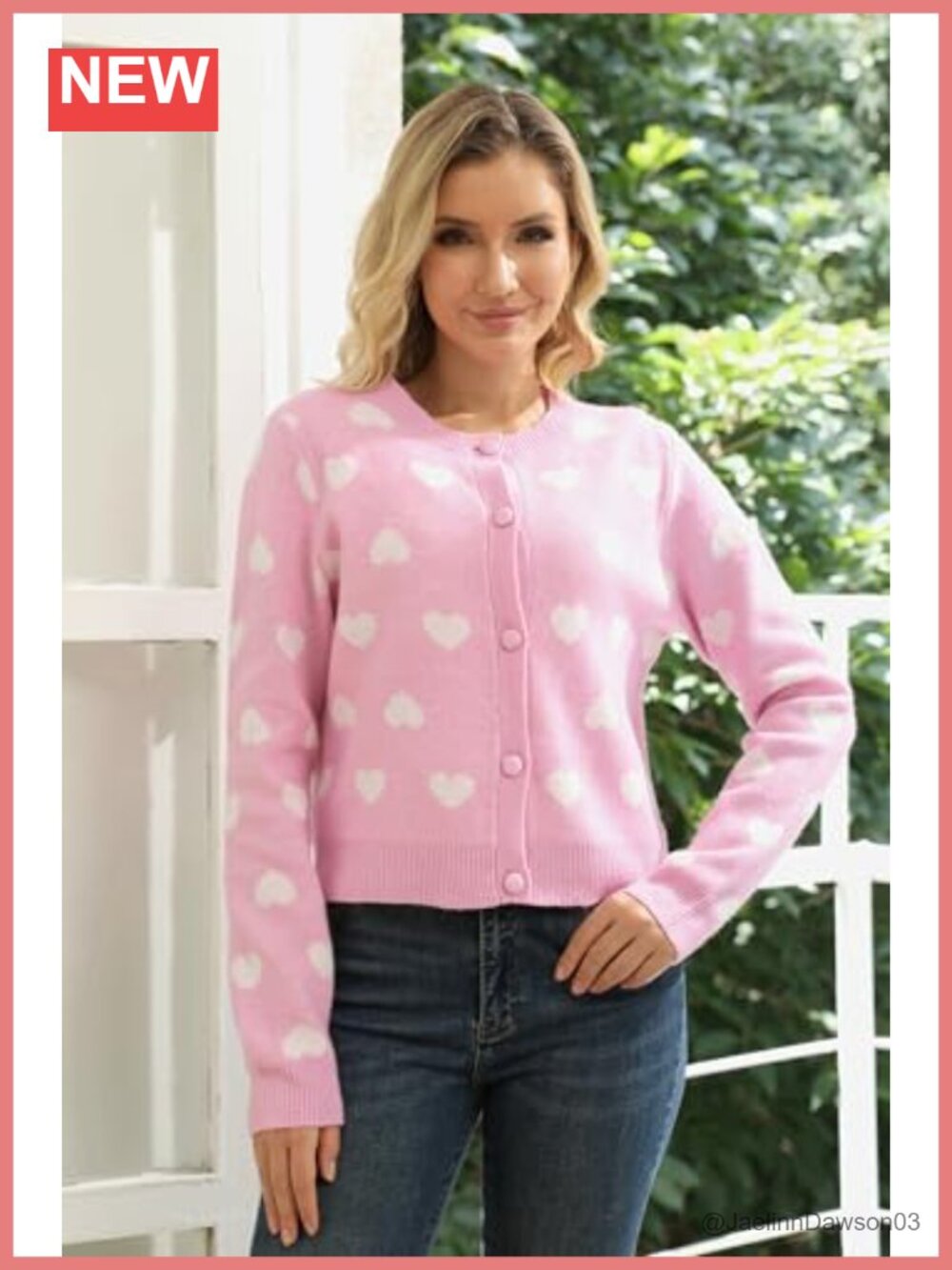 Women's Heart Cardigan Cropped Button Down Crewneck Long Sleeve Knit Sweater - Picture 4 of 6